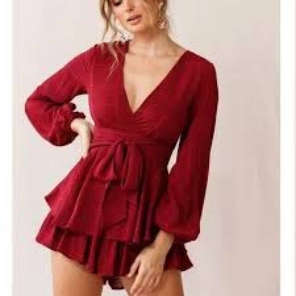 Saint + Secrets Wine Adele Playsuit Balloon Sleeve Ruffle Women’s Romper Size L